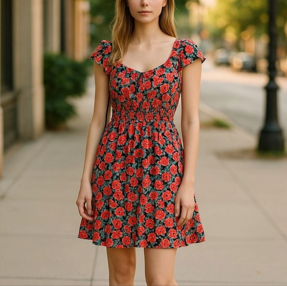 Old Navy Dress Size Medium Floral Print On/Off Shoulder Ruffle.  New - Picture 2 of 10